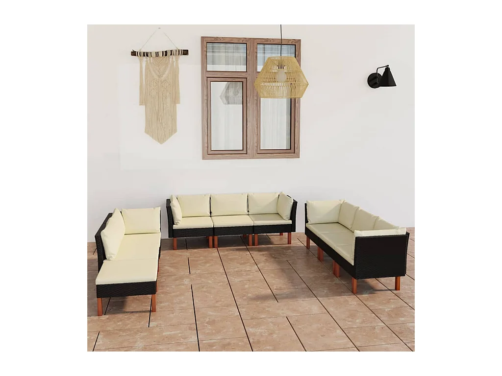 Salon de jardin 9 pcs avec coussins Résine tressée Noir