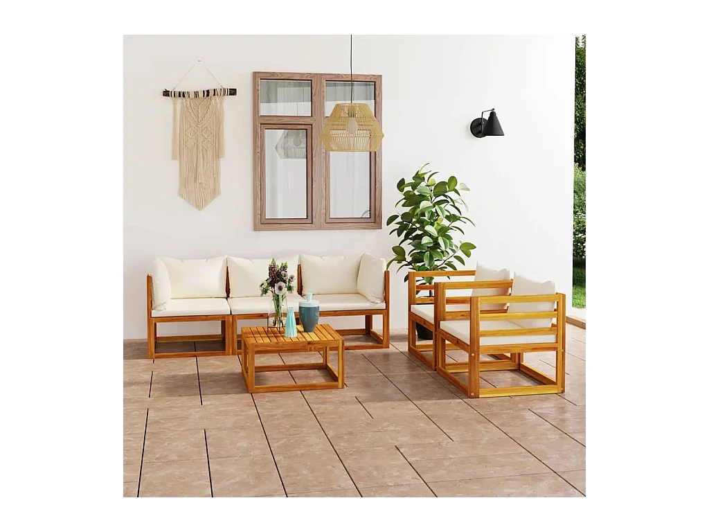 Set Divani da Giardino 6 pz con Cuscini Crema Massello Acacia