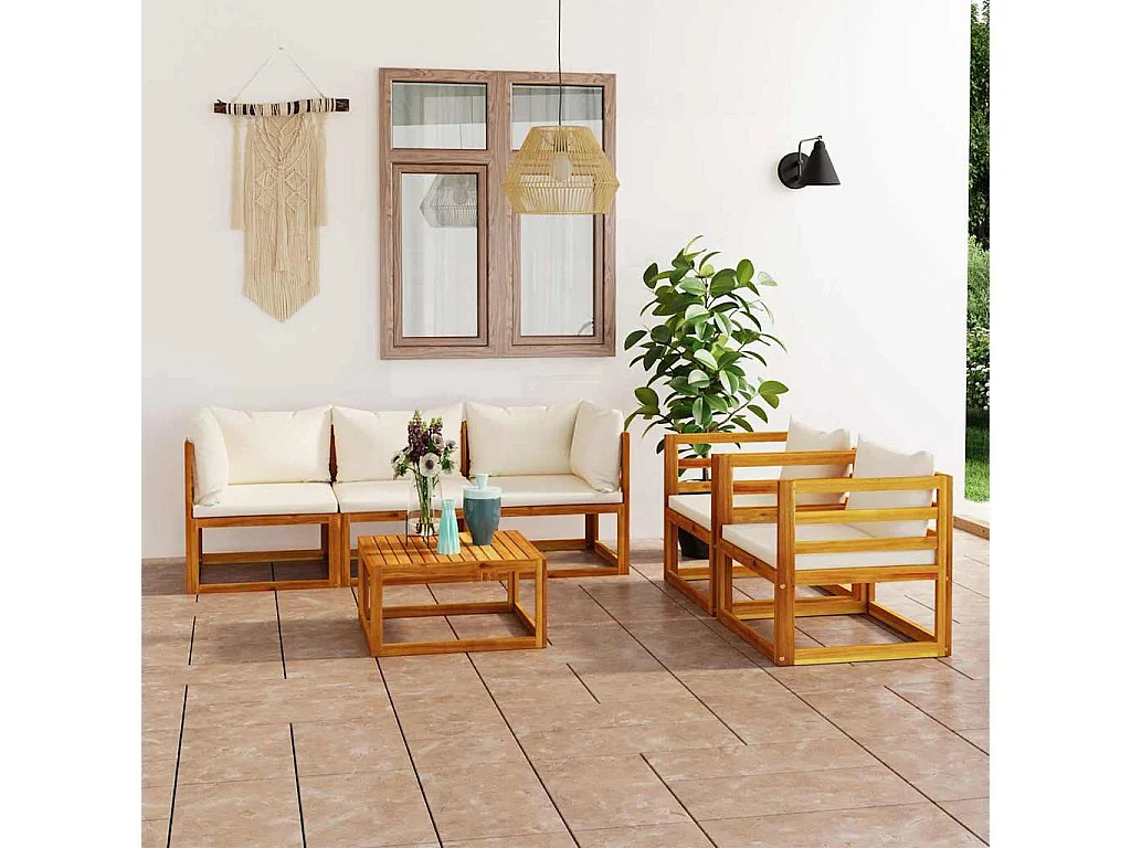 6-tlg. Garten-Lounge-Set mit Auflagen Creme Massivholz Akazie