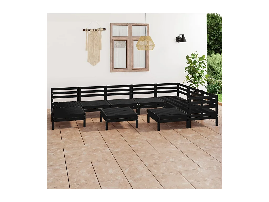 Set Salotto da Giardino 10 pz in Legno Massello di Pino Nero