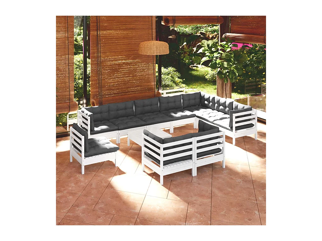 Set Divani da Giardino 11 pz con Cuscini Bianchi Legno di Pino