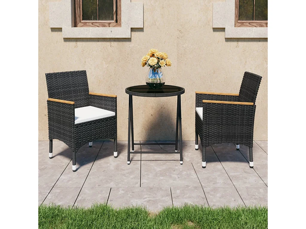 3-tlg. Bistro-Set Poly Rattan und Hartglas Schwarz
