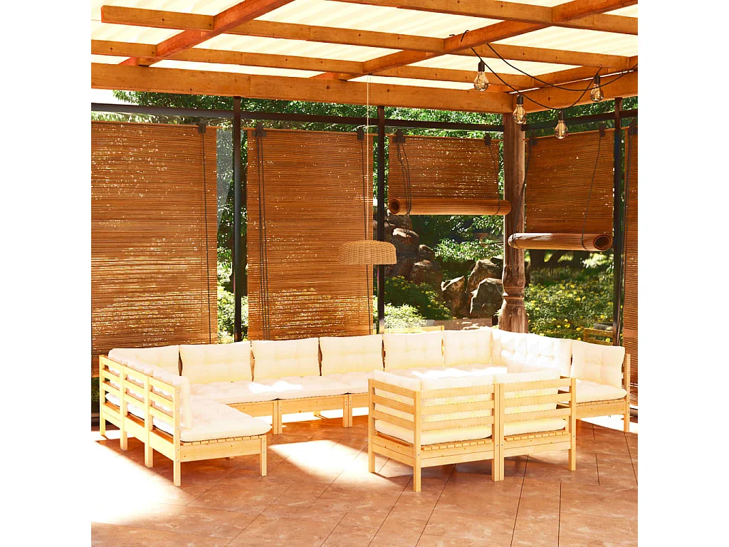 12-tlg. Garten-Lounge-Set mit Creme Kissen Massivholz Kiefer