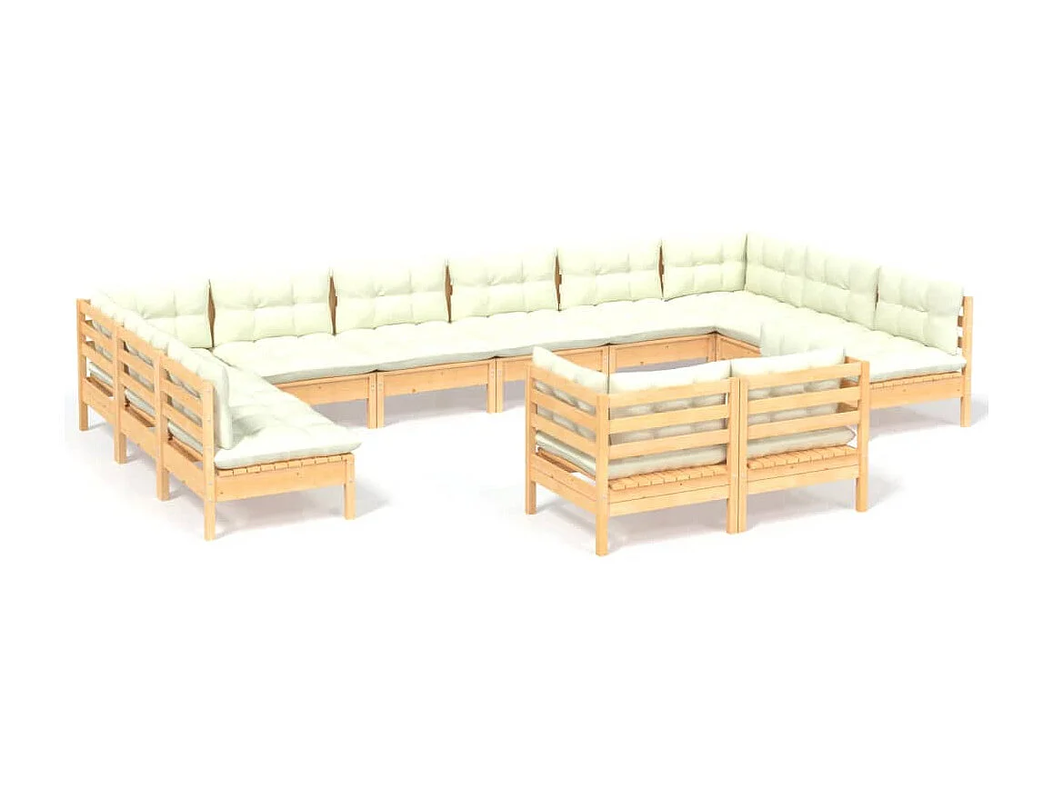 12-tlg. Garten-Lounge-Set mit Creme Kissen Massivholz Kiefer