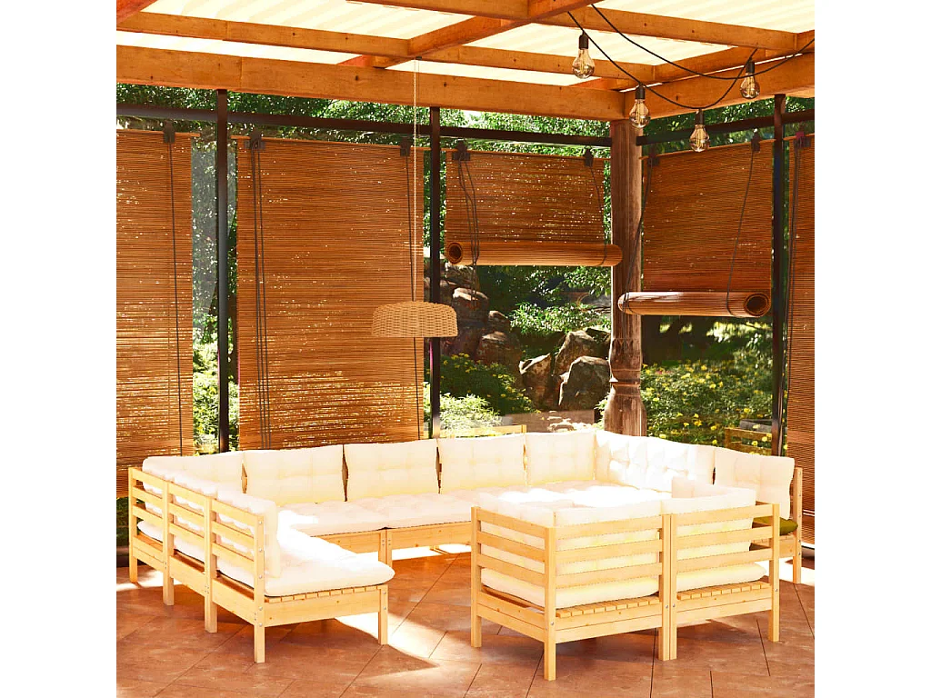 11 pcs conjunto lounge jardim c/ almofadões creme pinho maciço