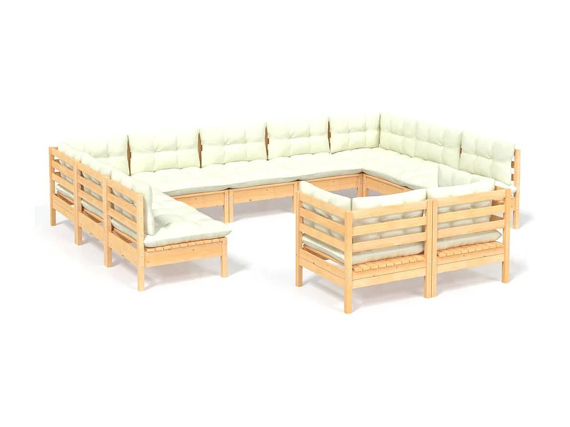 11 pcs conjunto lounge jardim c/ almofadões creme pinho maciço