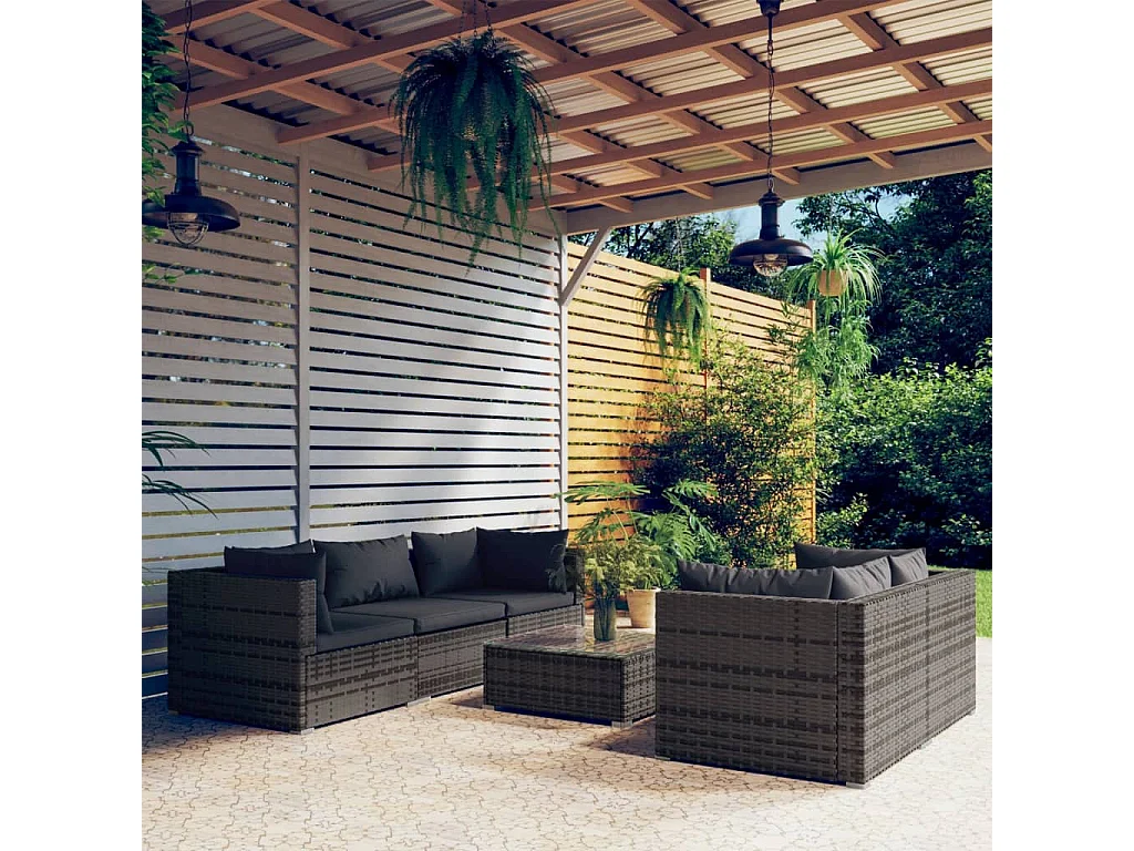 Salon de jardin 6 pcs avec coussins résine tressée gris