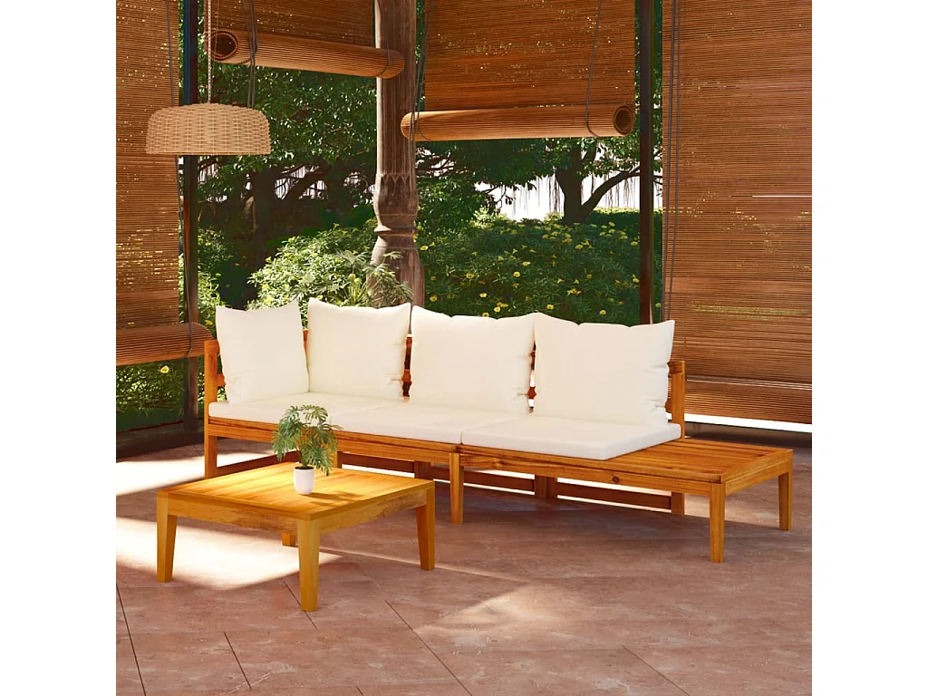 Salon de jardin 3 pcs avec coussins blanc crème Bois d'acacia