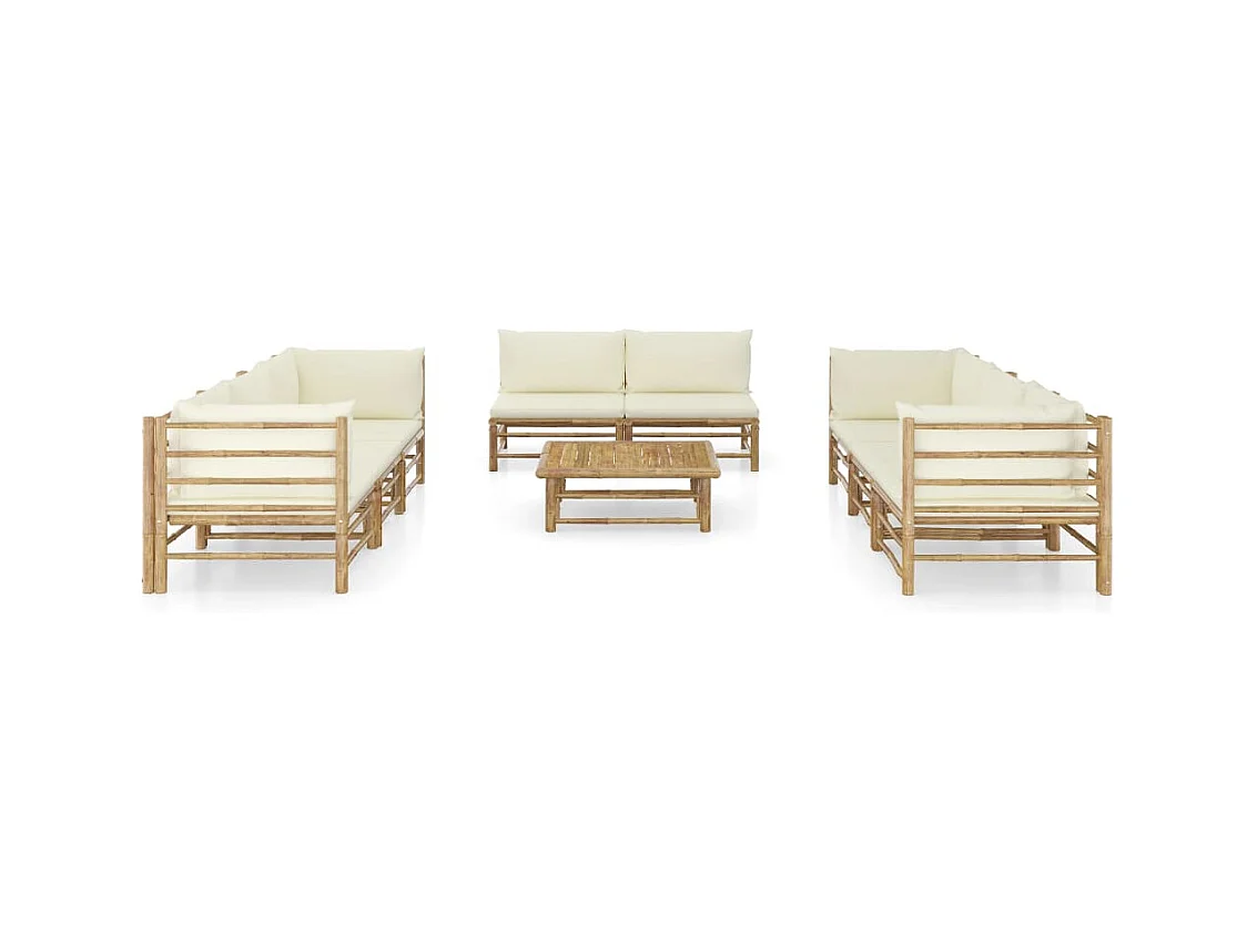 Salon de jardin 9 pcs avec coussins blanc crème bambou
