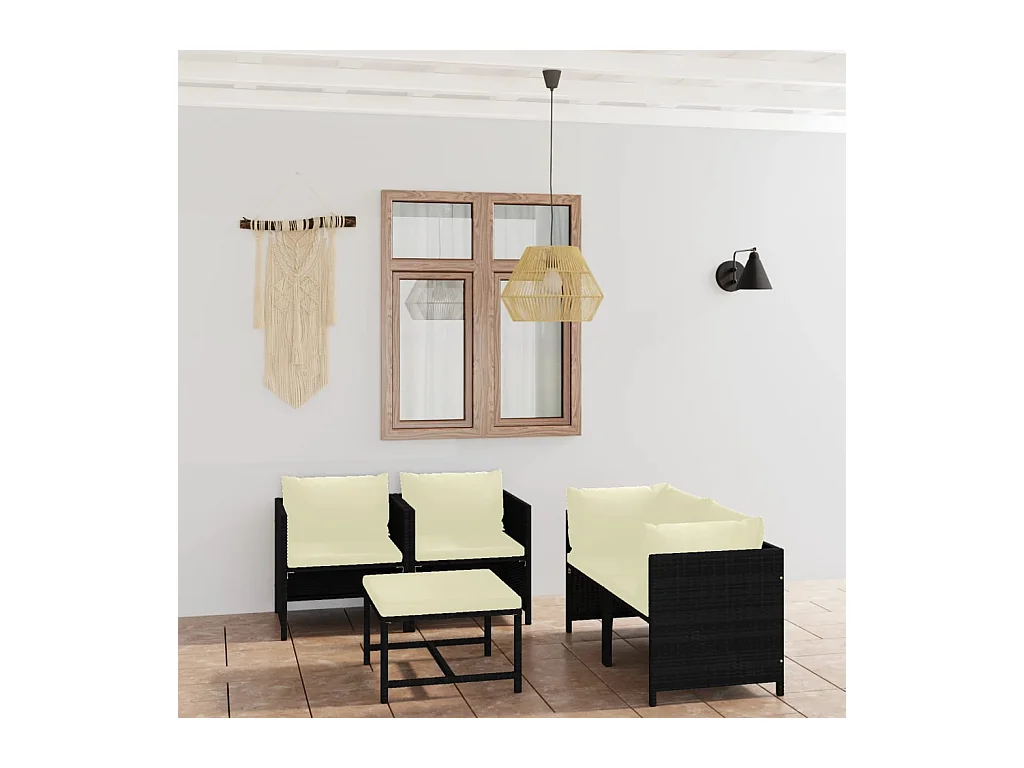 5-delige Loungeset met kussens poly rattan zwart