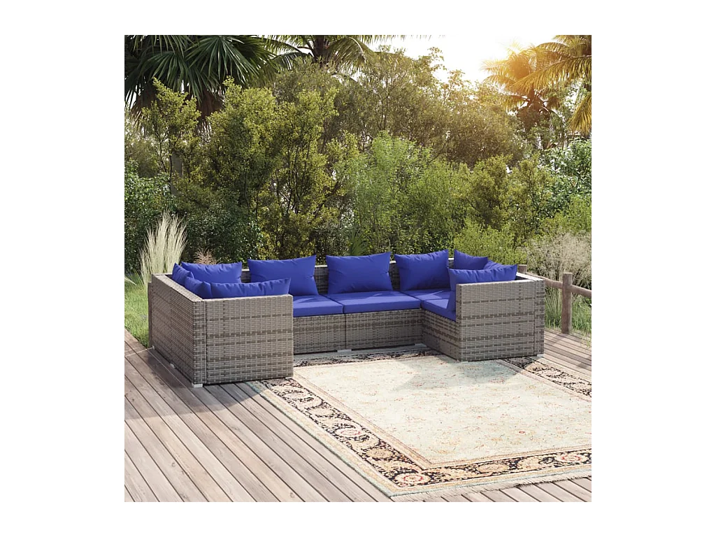Salon de jardin 6 pcs avec coussins résine tressée gris