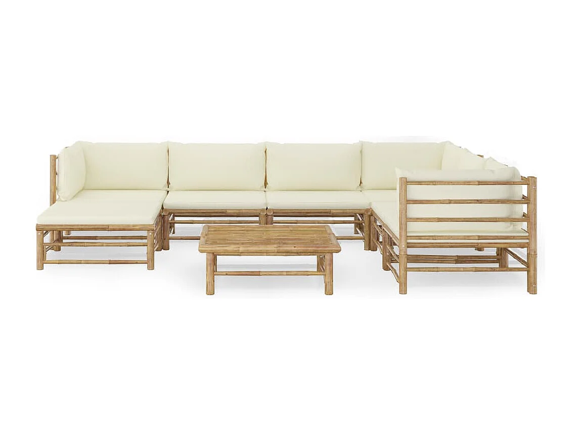 Set Salotto da Giardino 8pz con Cuscini Bianco Crema in Bambù