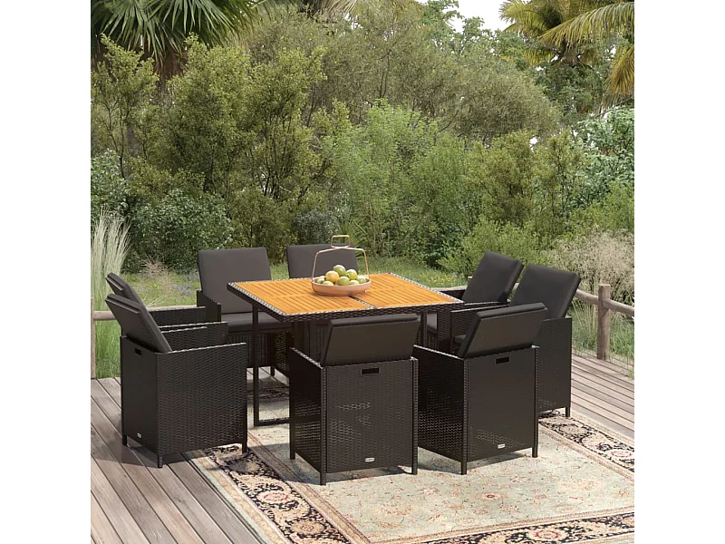 Ensemble à manger de jardin coussins 9pcs Résine tressée Noir