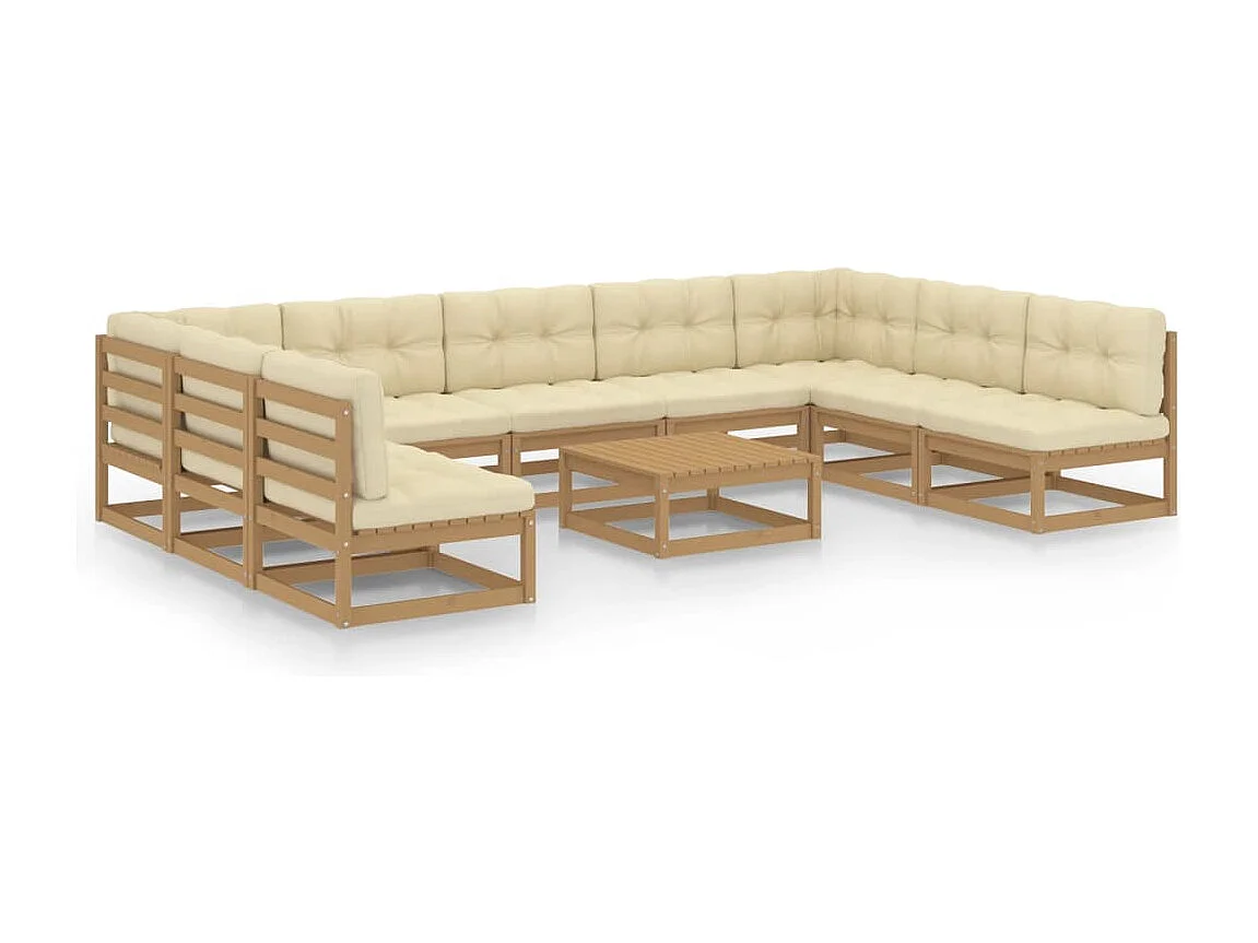 Salon de jardin 10 pcs avec coussins Marron miel Bois de pin