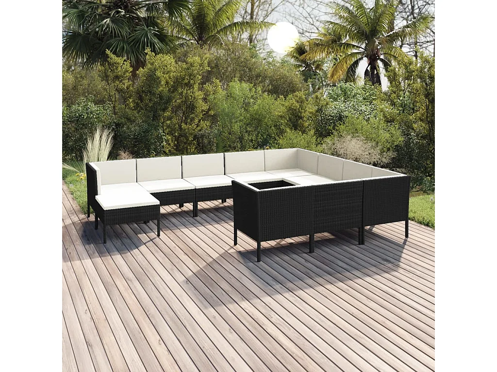 11-tlg. Garten-Lounge-Set mit Auflagen Poly Rattan Schwarz