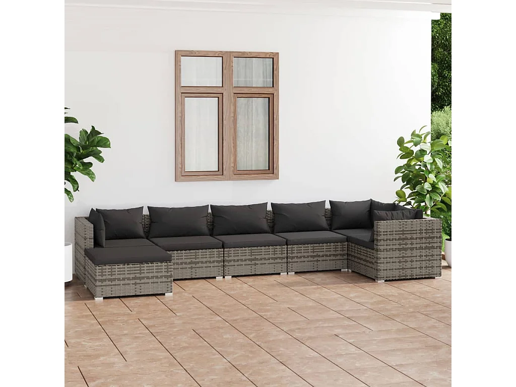Salon de jardin 7 pcs avec coussins Résine tressée Gris