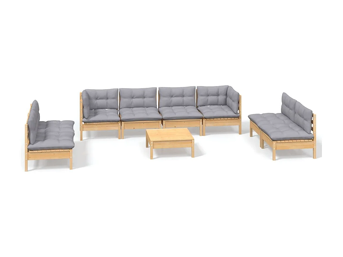 Salon de jardin 9 pcs avec coussins gris bois de pin massif