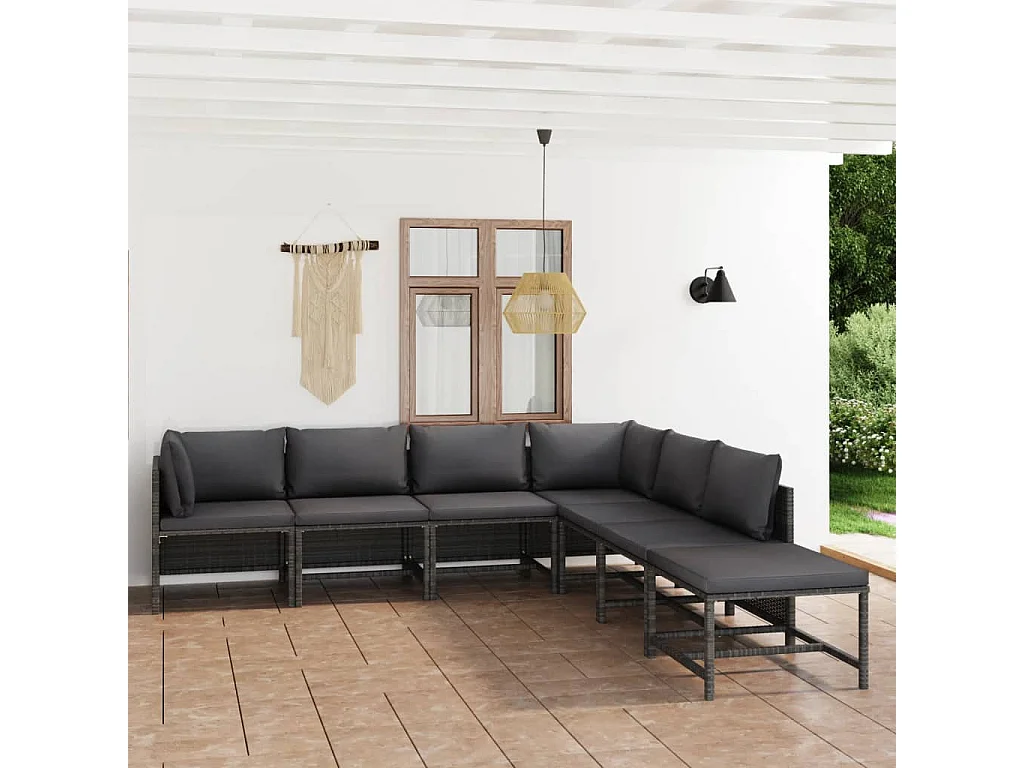 7-tlg. Garten-Lounge-Set mit Kissen Poly Rattan Grau