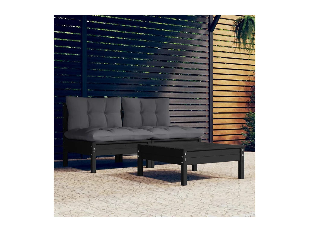 Salon de jardin 3 pcs avec coussins anthracite bois de pin