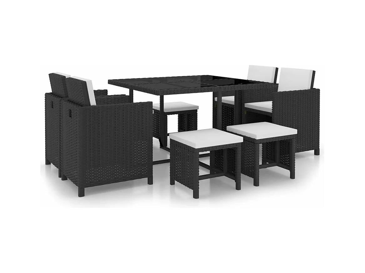 Ensemble à manger d’extérieur 9 pcs coussin Résine tressée Noir
