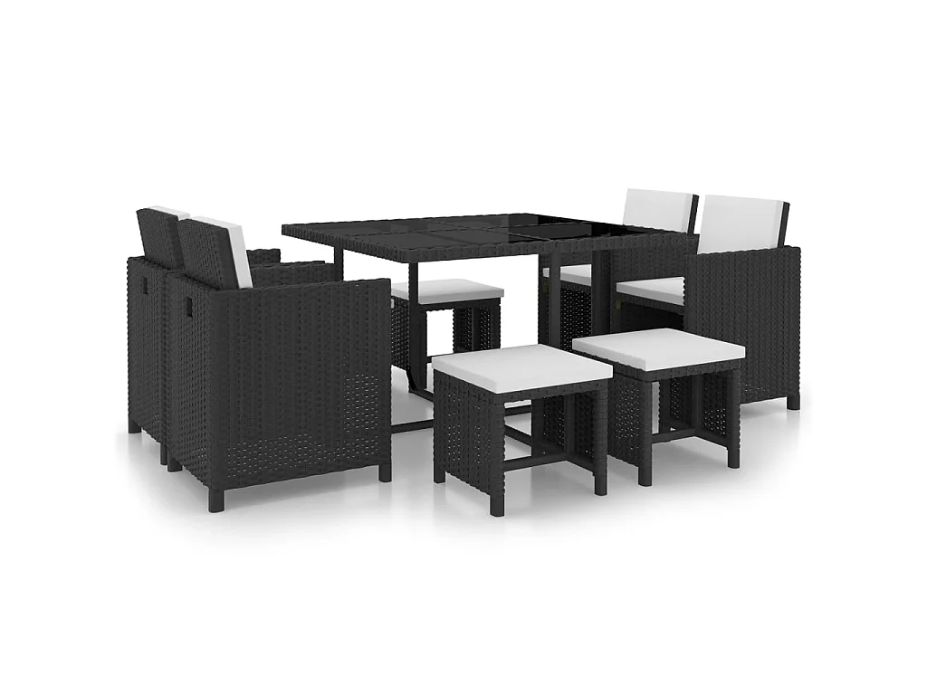 Set da Pranzo da Giardino 9 pz con Cuscini in Polyrattan Nero