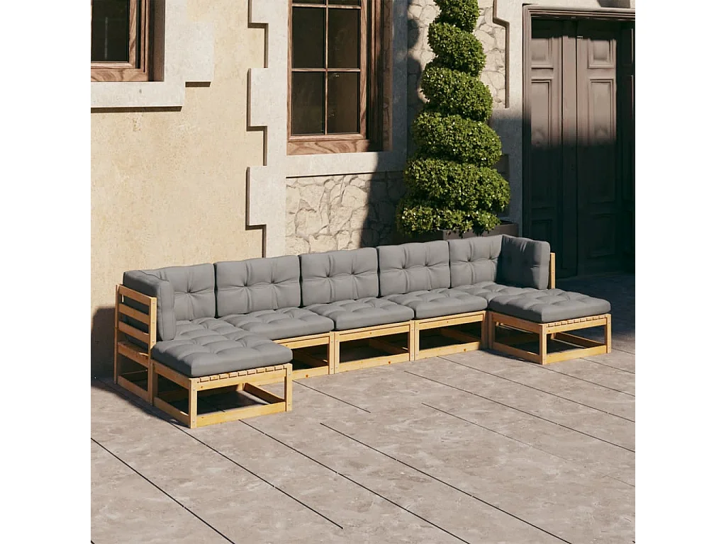 7 pcs conjunto lounge de jardim c/ almofadões pinho maciço