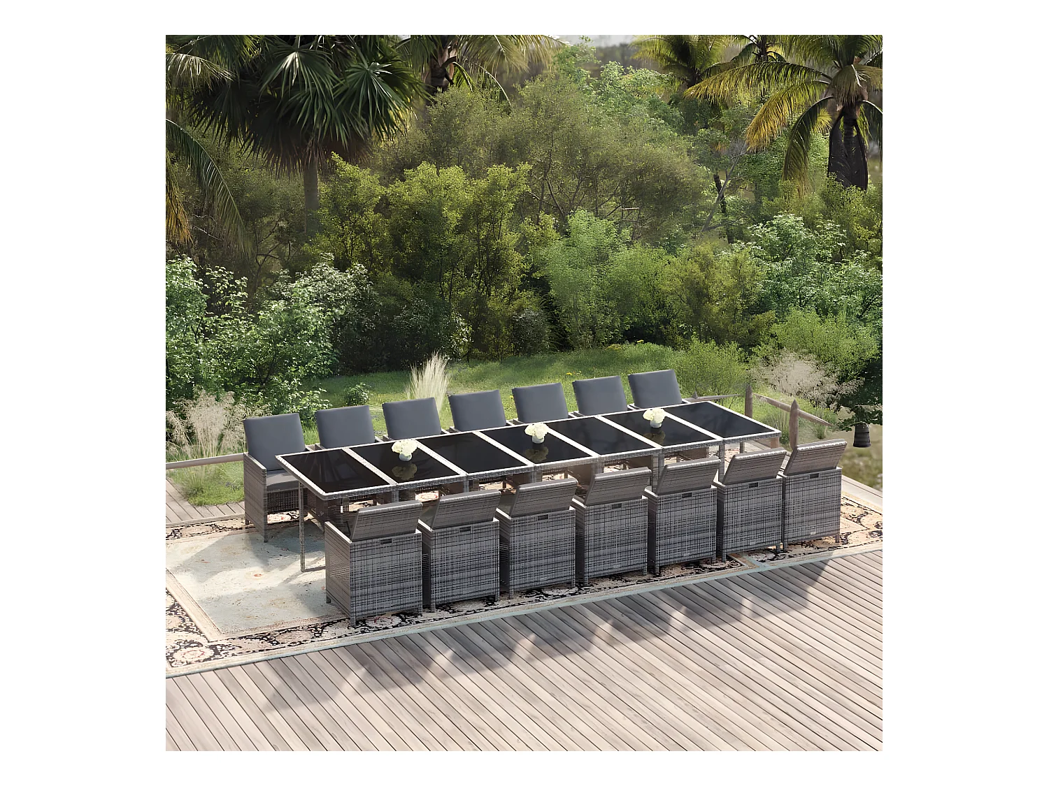 Ensemble à manger de jardin coussins 15 pcs Résine tressée Gris