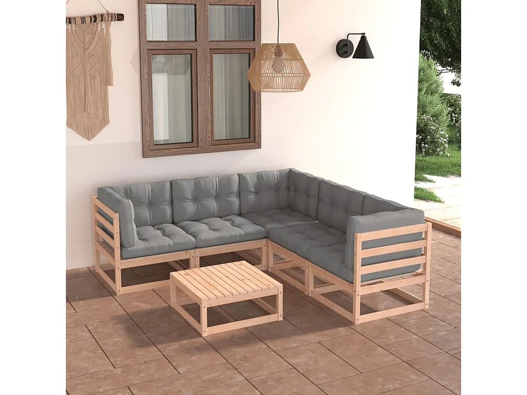 Juego de muebles de jardín 6 pzas y cojines madera maciza pino
