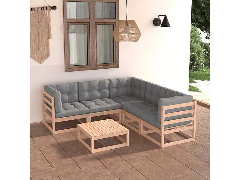 Juego de muebles de jardín 6 pzas y cojines madera maciza pino