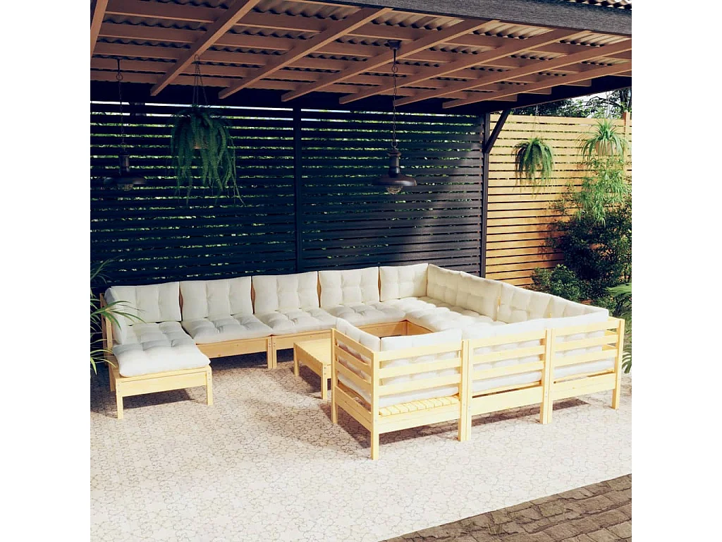 12 pcs conjunto lounge de jardim c/ almofadões cor creme pinho