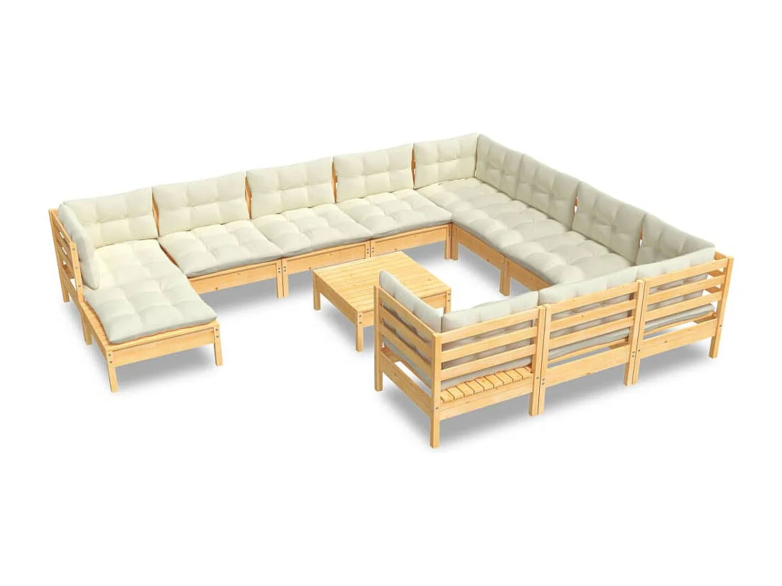 12 pcs conjunto lounge de jardim c/ almofadões cor creme pinho