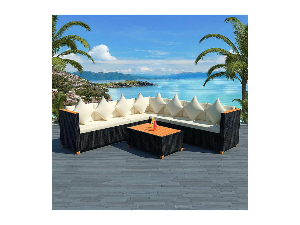 Salon de jardin 5 pcs avec coussins résine tressée noir