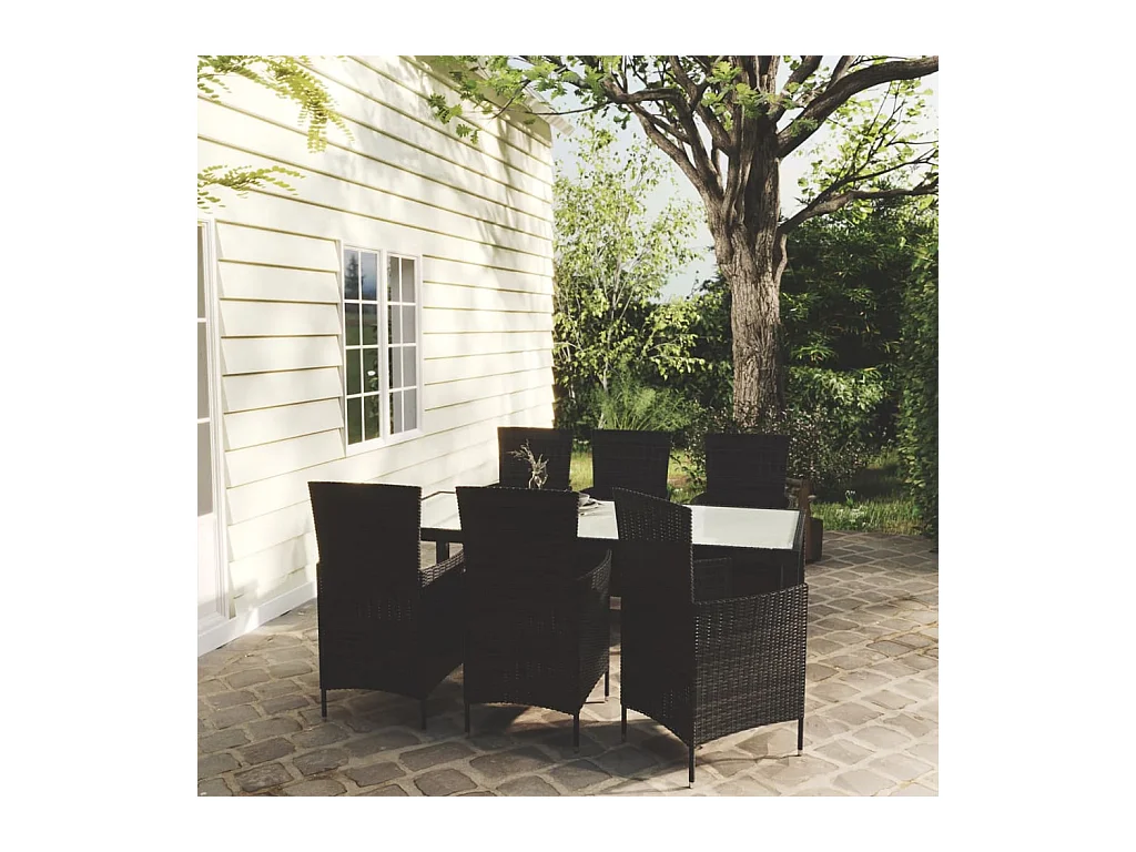 Set da Pranzo da Giardino 7 pz con Cuscini in Polyrattan Nero