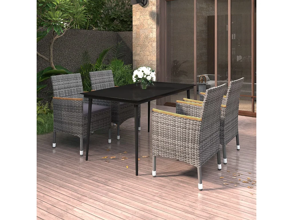 5 pcs conjunto de jantar p/ jardim c/ almofadões vime PE/vidro