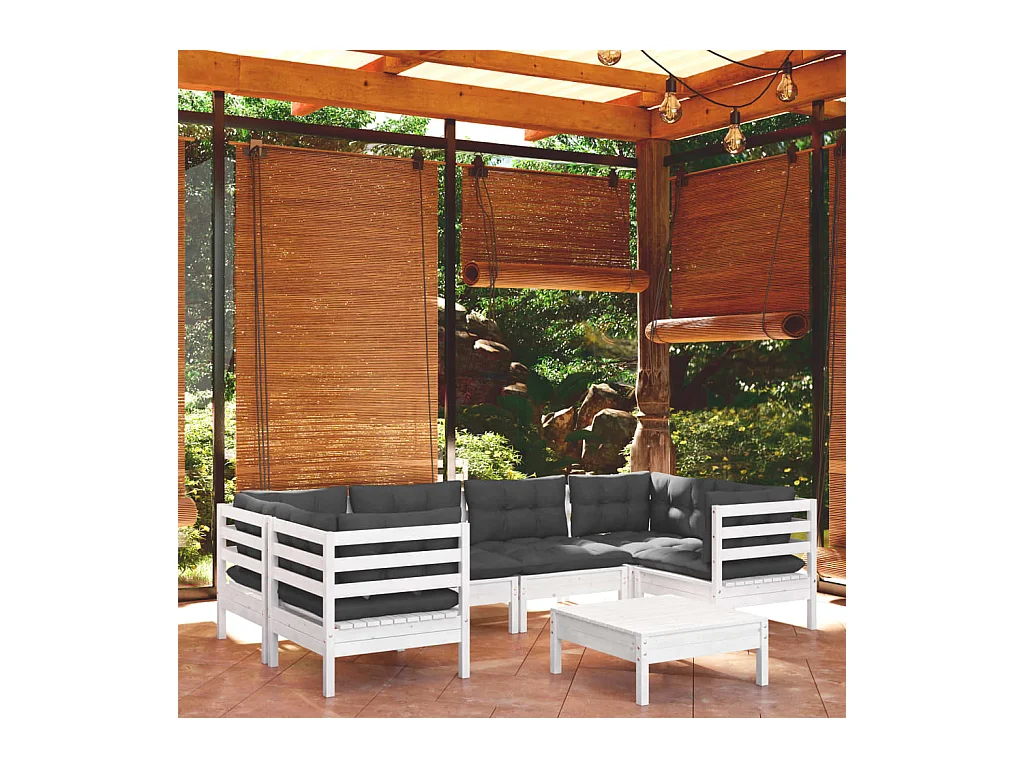 Set Divani da Giardino 7 pz con Cuscini Bianchi Legno di Pino