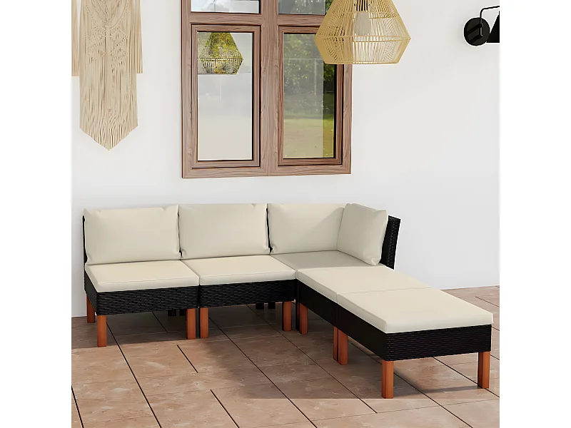 Set Divani da Giardino 5 pz con Cuscini in Polyrattan Nero