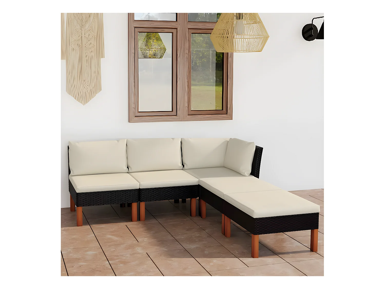 Set Divani da Giardino 5 pz con Cuscini in Polyrattan Nero