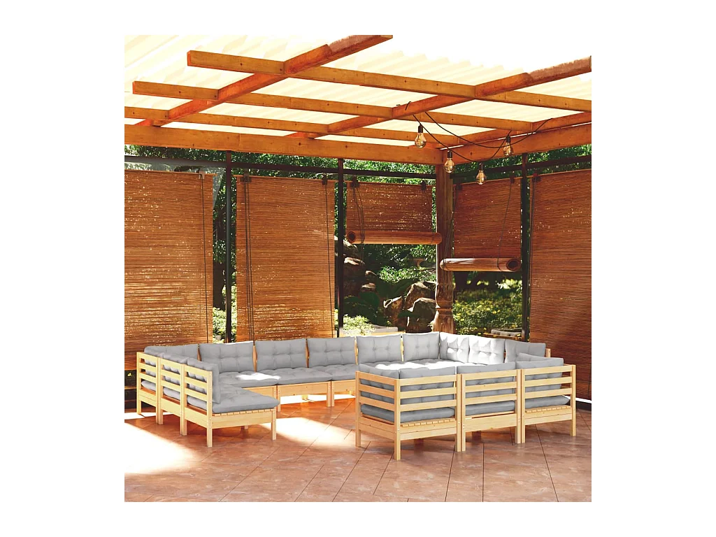 Salon de jardin 13 pcs avec coussins gris bois de pin