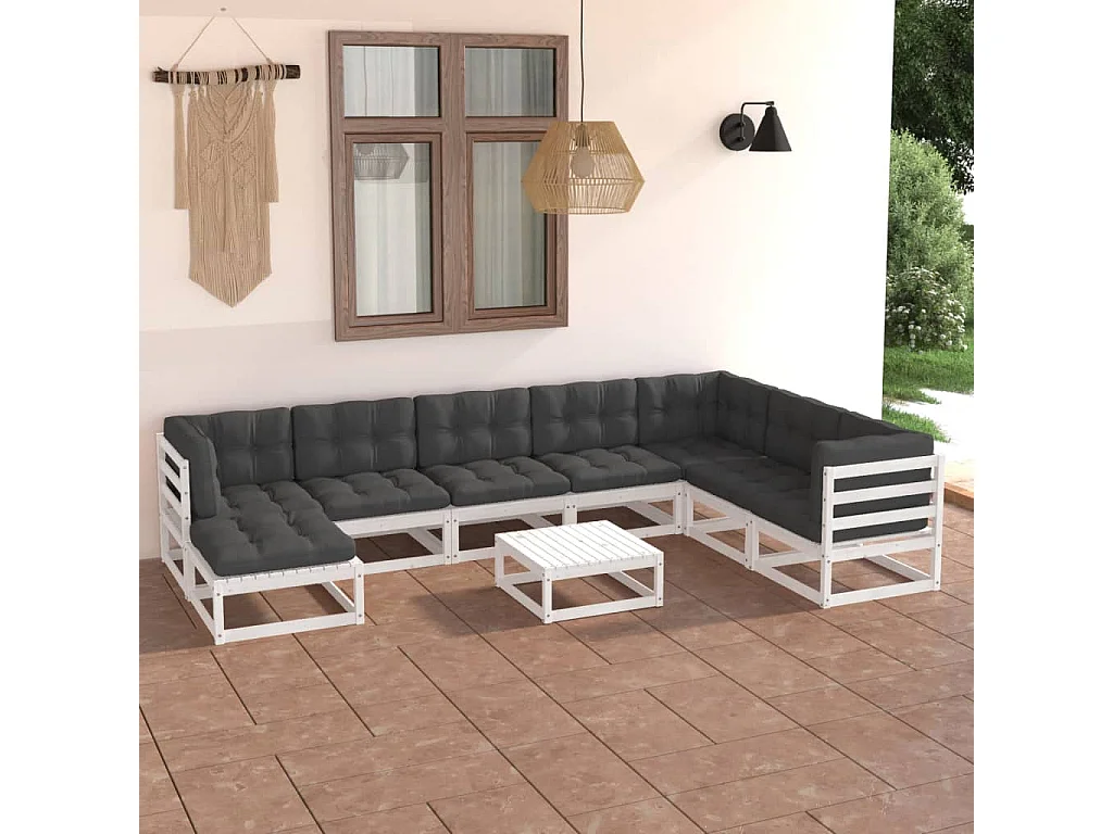 Salon de jardin 9 pcs avec coussins Bois de pin massif