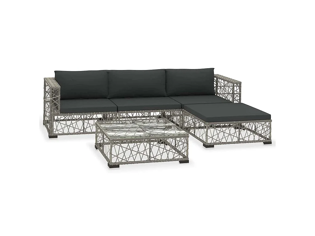 Set Divani da Giardino 5 pz con Cuscini in Polyrattan Grigio