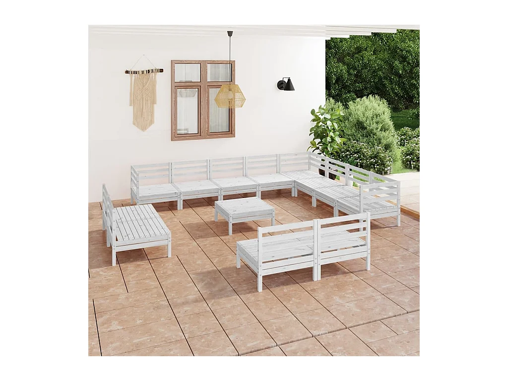 Set Salotto da Giardino 13 pz in Legno Massello di Pino Bianco