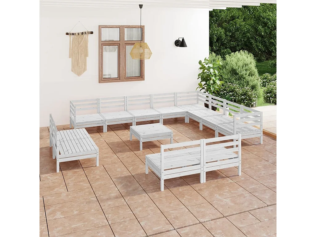 Set Salotto da Giardino 13 pz in Legno Massello di Pino Bianco