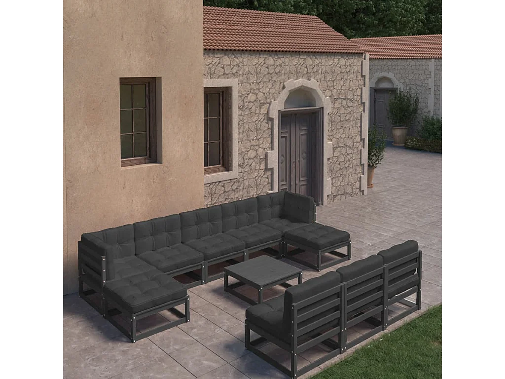 11 pcs conj. lounge de jardim c/ almofadões pinho maciço preto