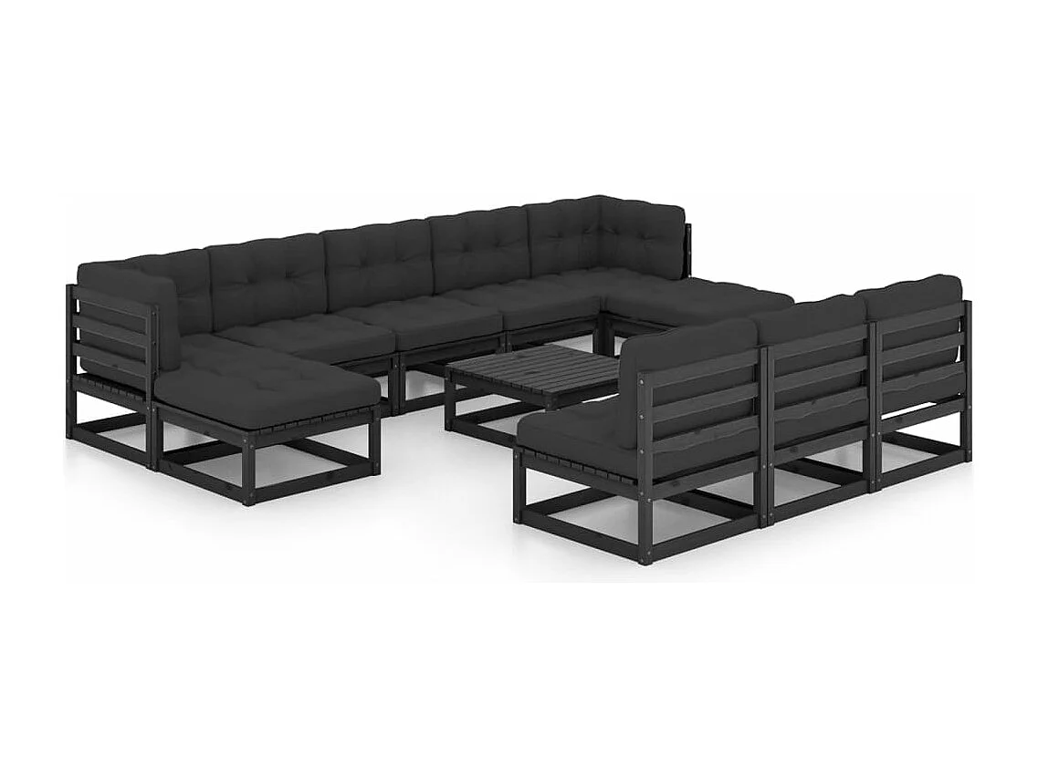 11 pcs conj. lounge de jardim c/ almofadões pinho maciço preto