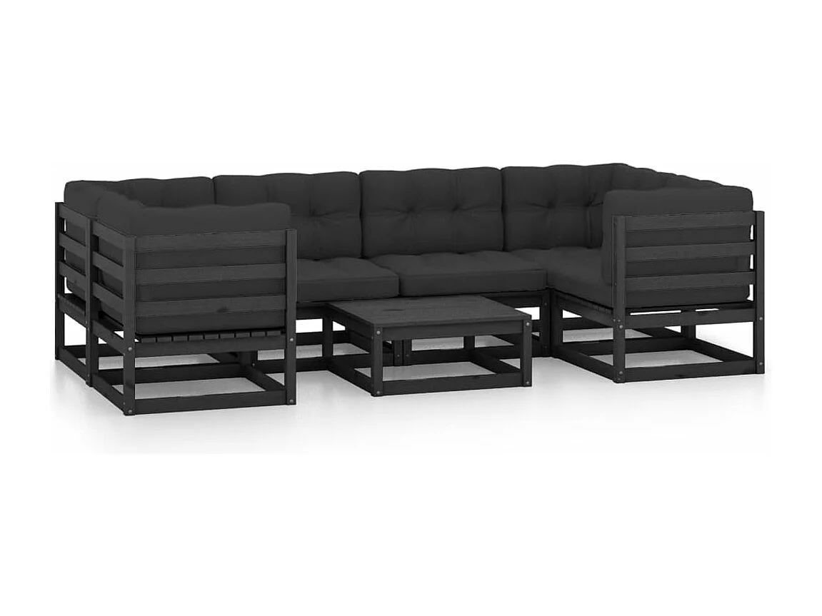 7-delige Loungeset met kussens massief grenenhout zwart