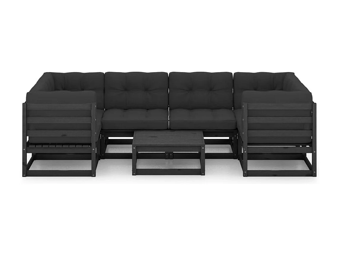 7-delige Loungeset met kussens massief grenenhout zwart