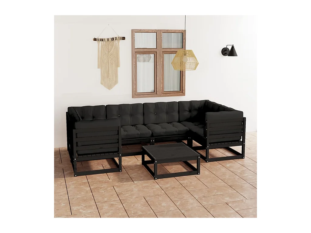 7-delige Loungeset met kussens massief grenenhout zwart