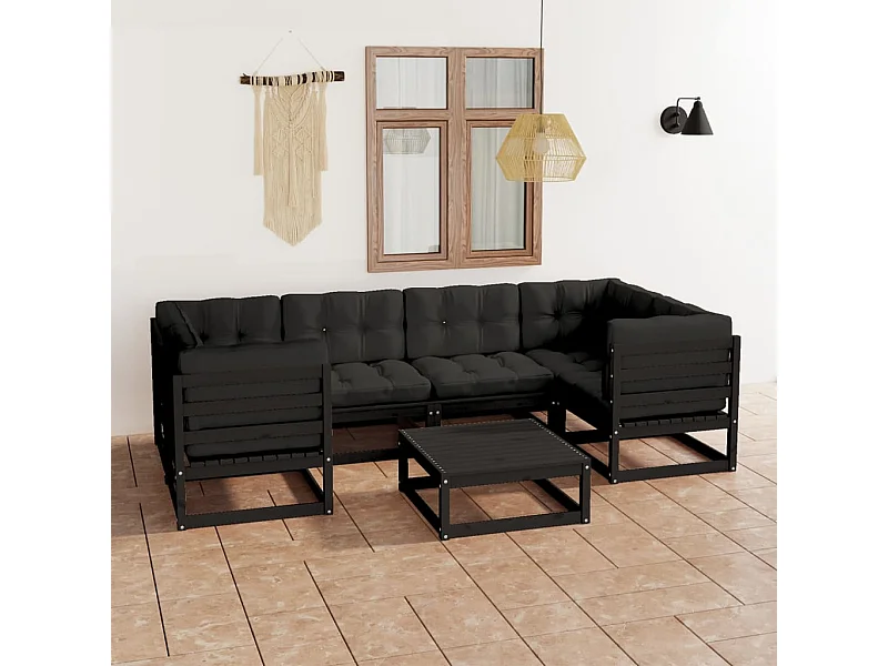 7 pcs conjunto longue jardim c/ almofadões pinho maciço preto