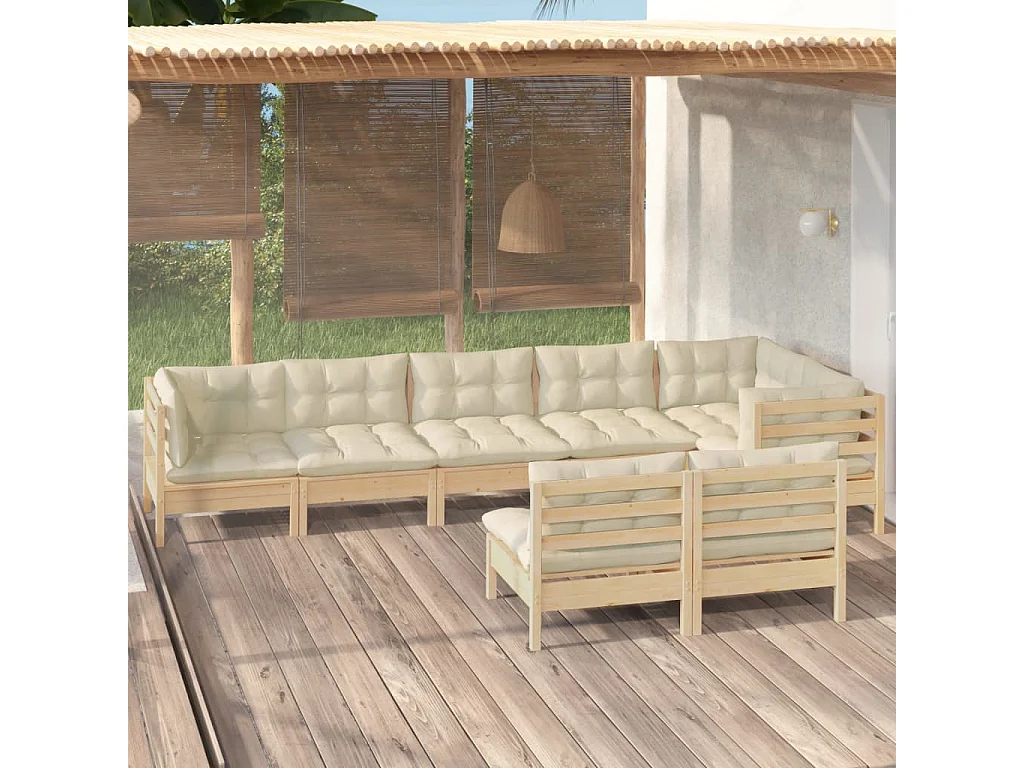 Set Divani da Giardino 8 pz con Cuscini Crema Massello di Pino