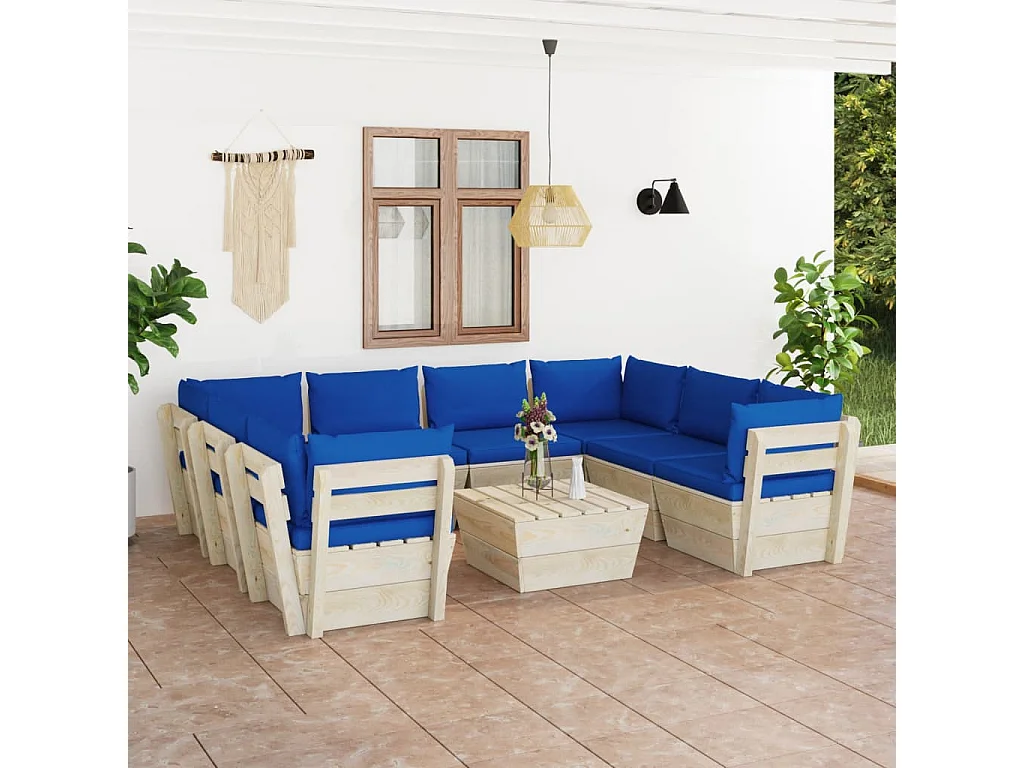 9 pcs conjunto lounge de paletes + almofadões madeira de abeto